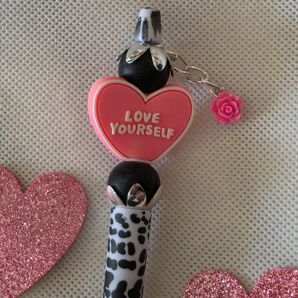 Love Yourself Heart Pen with Animal Print And Dangling Flower - Picture 2 of 2
